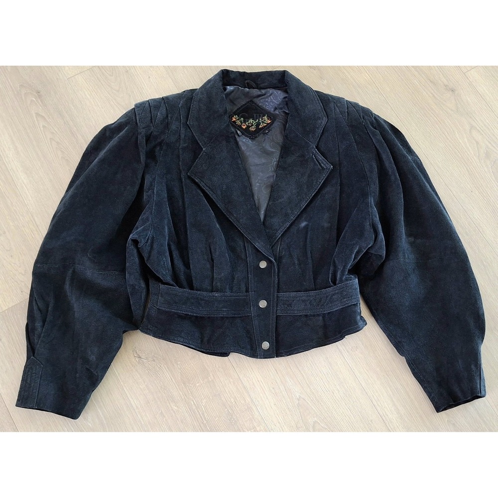 Vintage Black Suede Cropped Jacket Puff Sleeve Western Romantic Goth Boho Medium